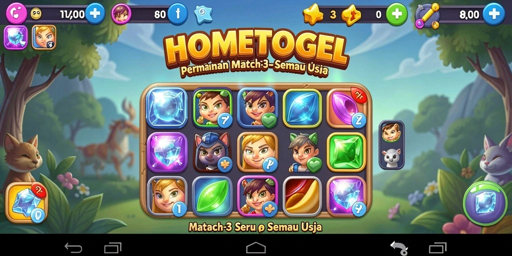 Screenshot HOMETOGEL menunjukkan gameplay Match-3 yang penuh warna dan menantang.