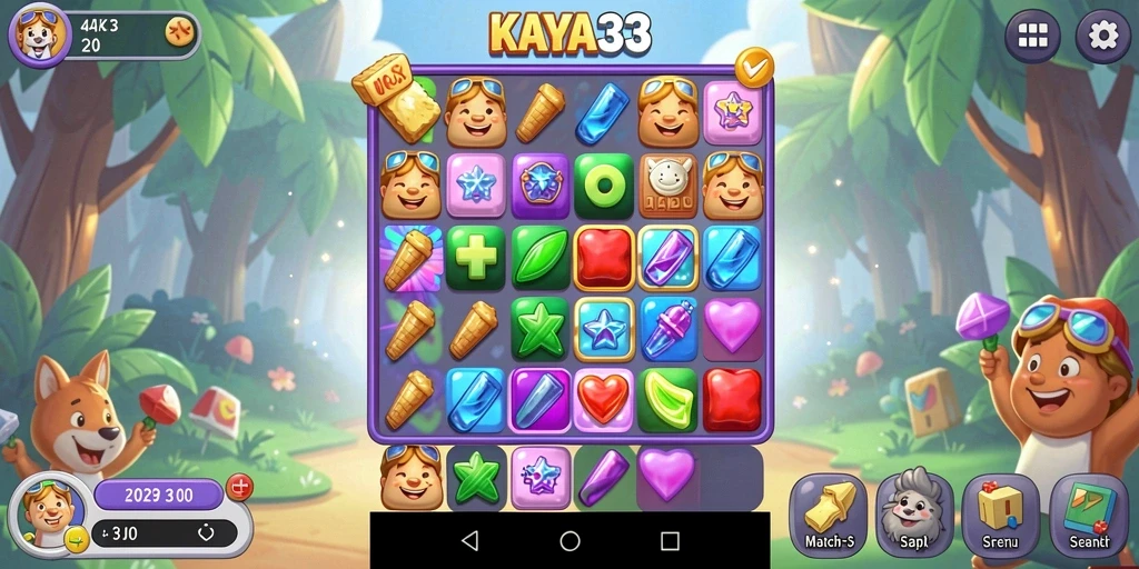 Tampilan gameplay seru KAYA33 dengan elemen Match-3 yang berwarna-warni.