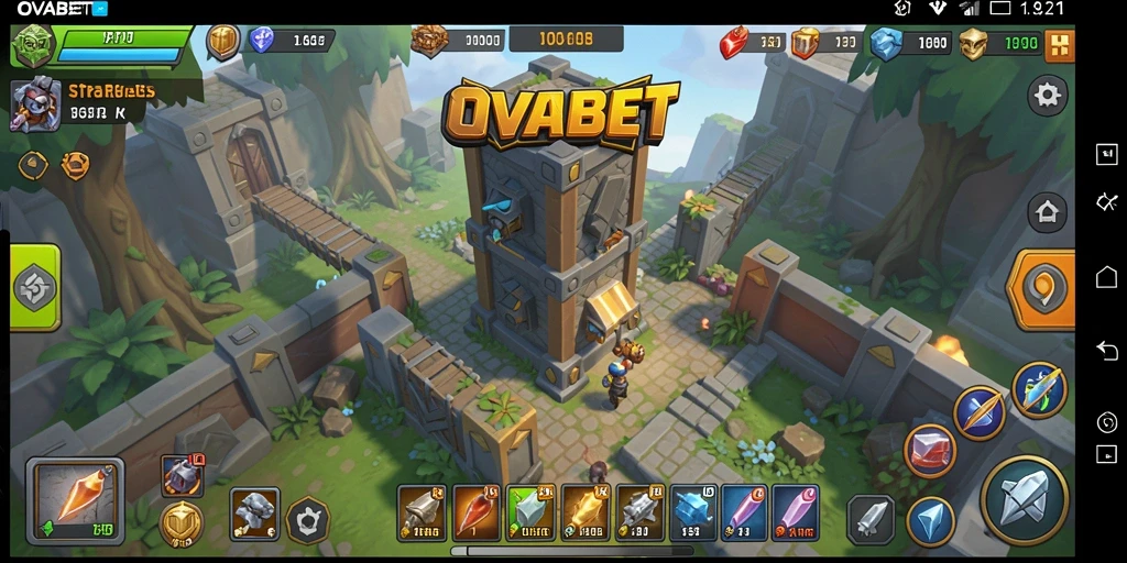 Screenshot gameplay OVABET: Strategi menara pertahanan melawan gelombang musuh.