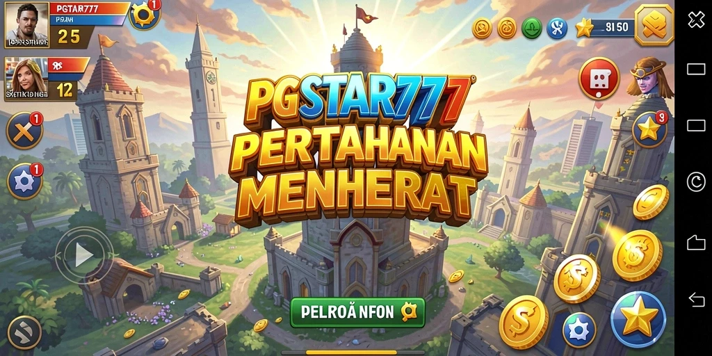 Screenshot PGSTAR777 menampilkan aksi menara bertahan melawan serangan musuh.